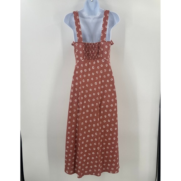 Zara Pink Floral Linen Blend Midi Dress Small Ruffle Button Front Slit Boho - Picture 2 of 8